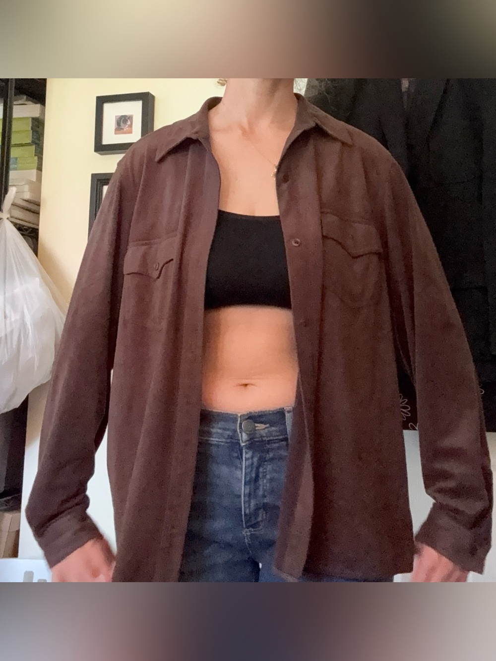 Classic Women’s Brown Button-Up Over-shirt Jacket Velour